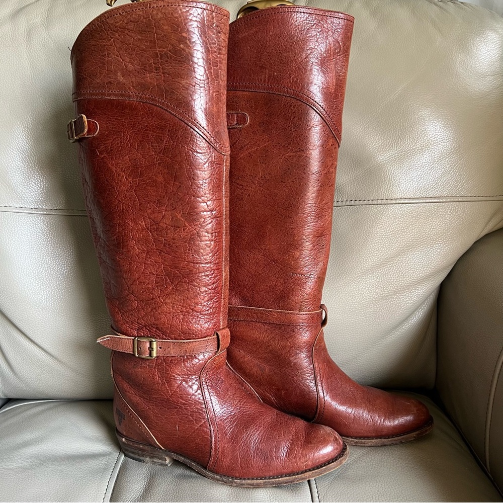 Vintage Frye Riding Boots Sz 7 M Dorado Knee High Redwood Pull On 77563 Spain - Picture 13 of 14
